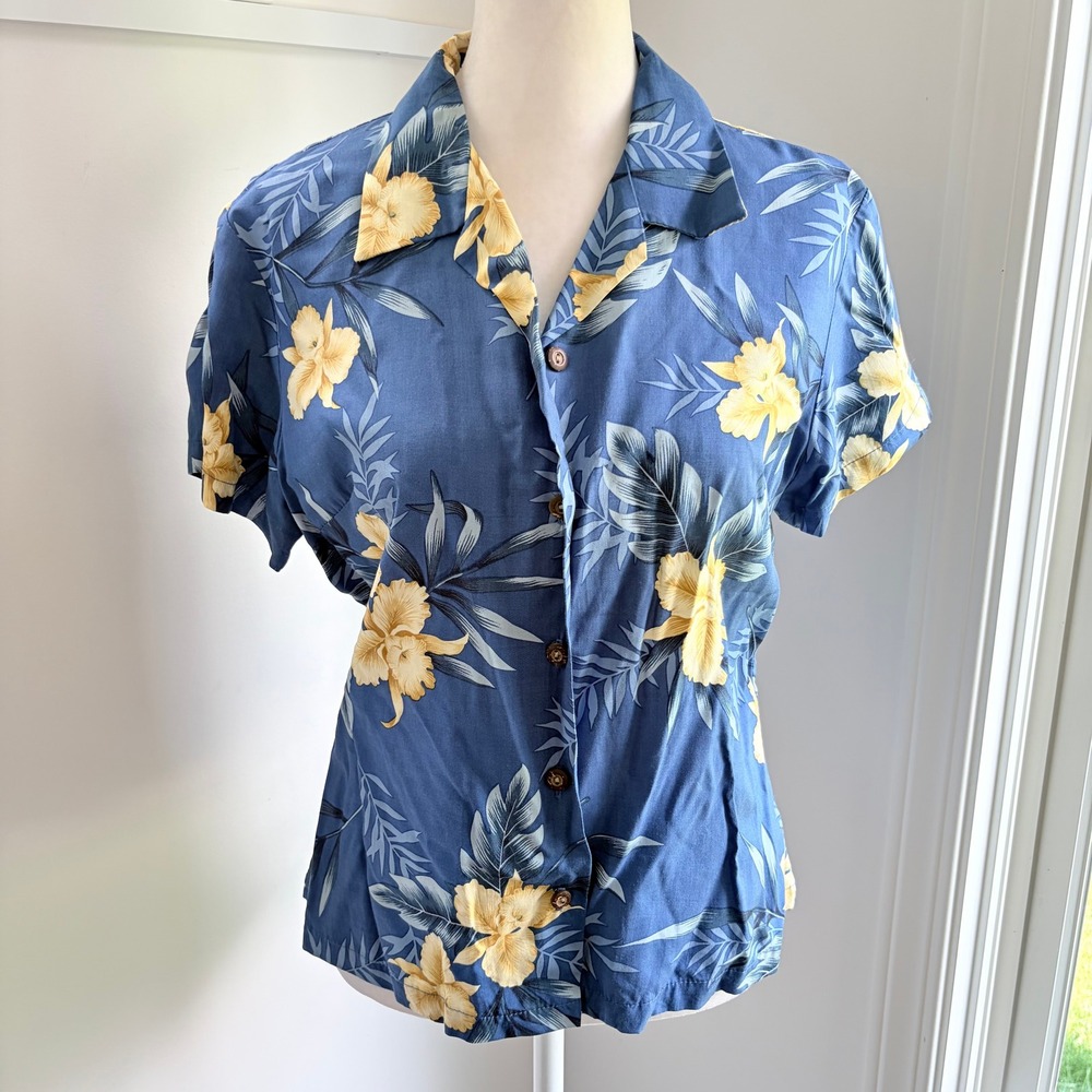 Two Palms Made in Hawaii Shirt Tropical Blue Yellow Floral Rayon Aloha Top Small